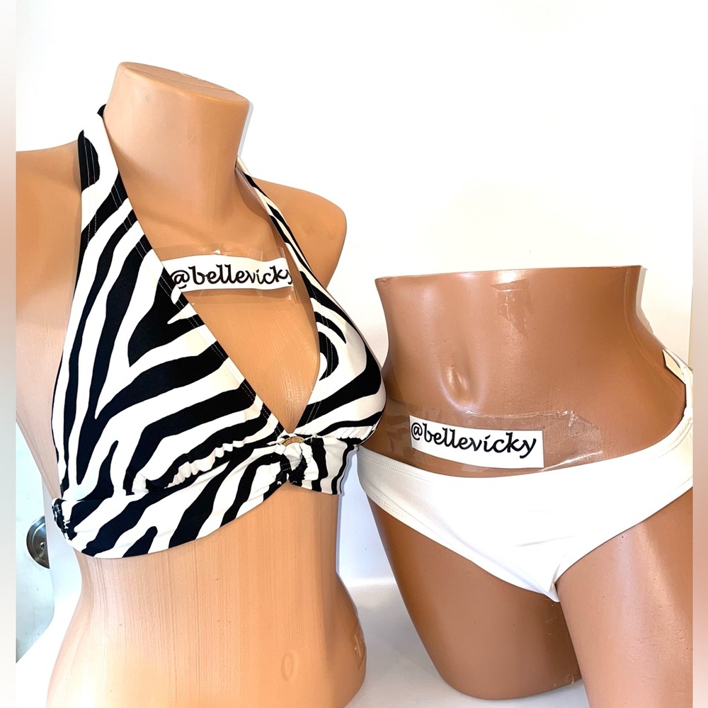 Michael Kors Womens Logo Ring Halter Zebra Top Bikini 2 Pcs Set Size Medium E68